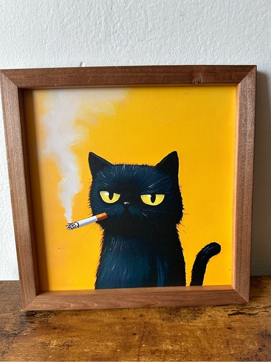 Other - Framed Black Cat Smoking Art Wooden Wall Decor on Yellow Back 8x8” NEW